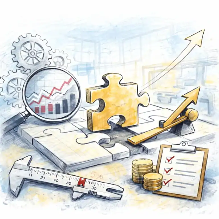 Illustratie van procesgericht ontwerpen met data: een puzzelstuk als ontbrekend gebouwonderdeel, een loep op een stijgende grafiek, tandwielen, een schuifmaat met 5% markering, munten en een checklist met vinkjes, die samen laten zien hoe meten, analyseren en ontwerpen leiden tot beter presterende gebouwen