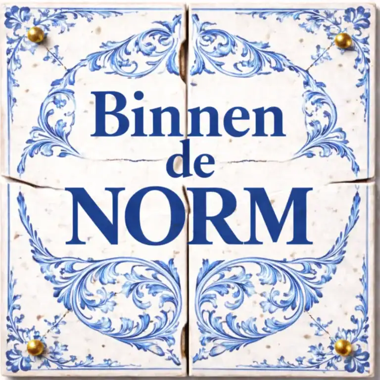 Vier wit-blauwe tegels met sierlijke Delfts-blauwe ornamenten en in het midden de blauwe tekst ‘Binnen de NORM