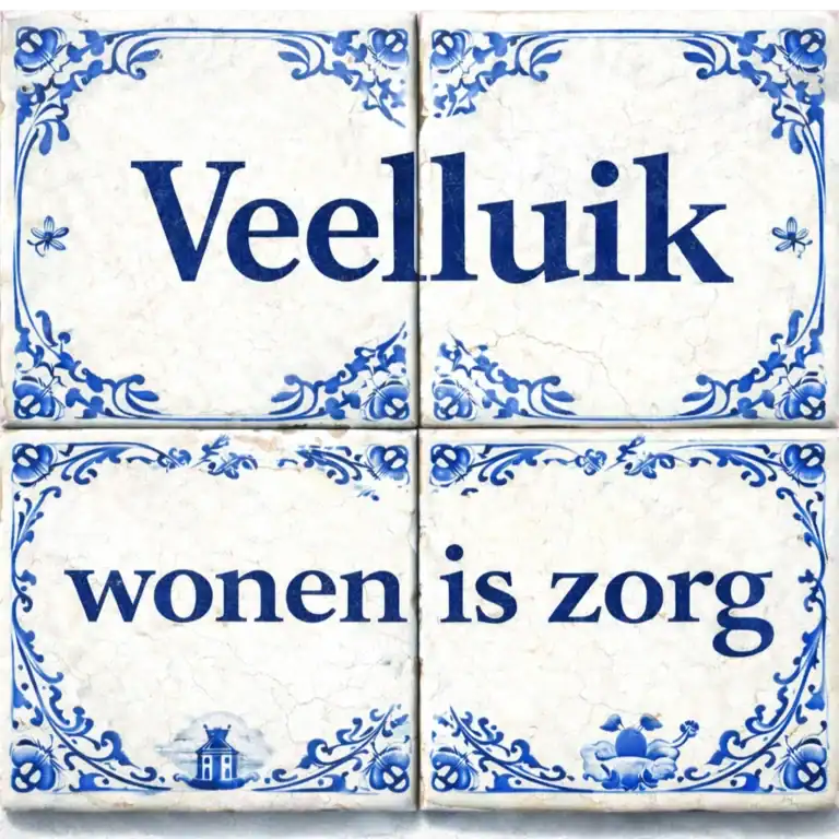 Vier Delftsblauwe tegeltjes met de tekst “Veelluik wonen is zorg”, als introductie van een reeks over hoe woningen zelf zorgwaarde kunnen bieden voor ouderen en mensen met beperkingen