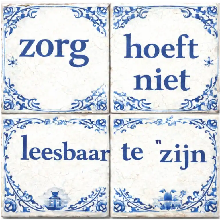 Vier Delftsblauwe tegeltjes met de tekst “zorg hoeft niet leesbaar te zijn”, als statement dat gebouwen niet zichtbaar zorginstelling hoeven te schreeuwen om toch goed te werken 