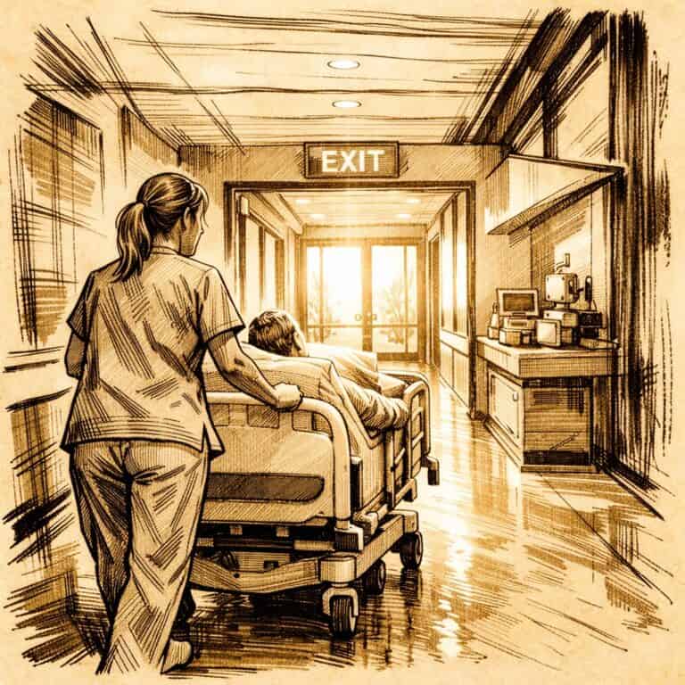 Verpleegkundige duwt een patiënt in bed door een ziekenhuisgang richting een duidelijk gemarkeerde EXIT-deur met warm licht aan het einde van de corridor.