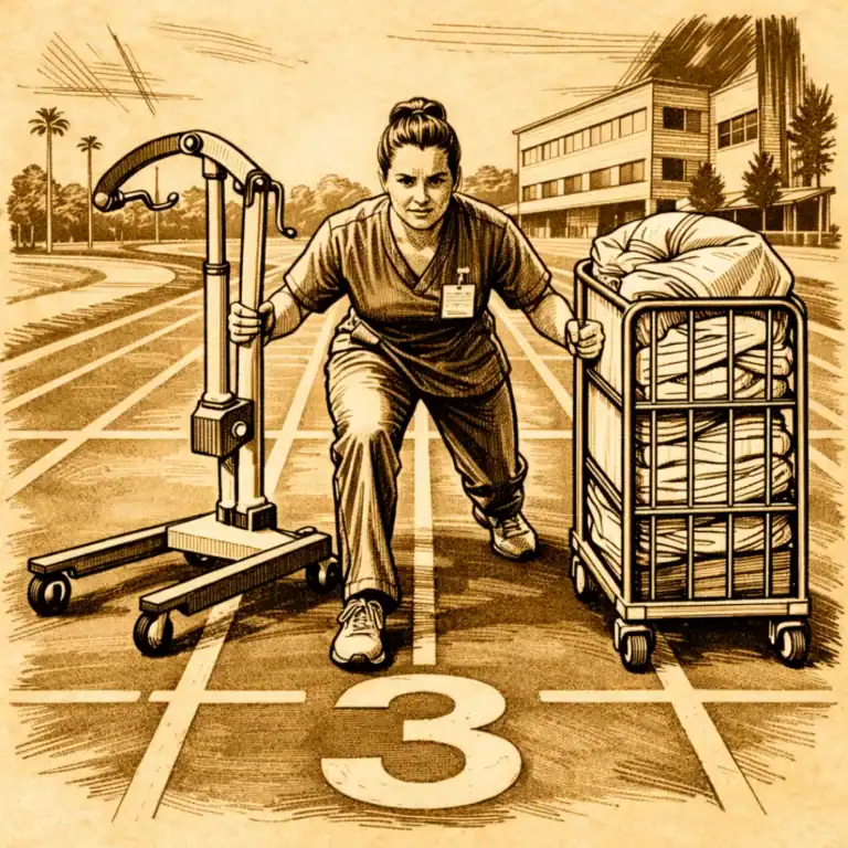 Verzorgende die op een atletiekbaan tegelijk een tillift en een volle linnenkar duwt, als metafoor voor de vele meters die zorgmedewerkers dagelijks lopen