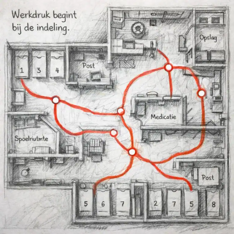 Handgetekende plattegrond van een zorgafdeling waarin rode lijnen de looproutes van zorgmedewerkers tonen, als visualisatie van hoe indeling werkdruk beïnvloedt