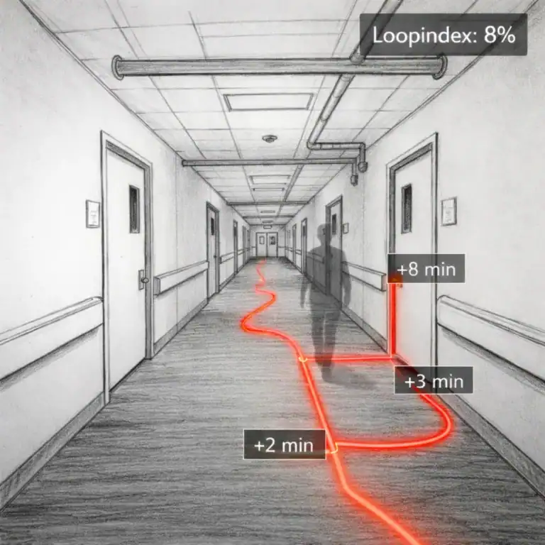 Illustratie van een ziekenhuisgang waarin een rode lijn de logistieke looproute van zorgmedewerkers toont, als visualisatie van de Loopindex en beweging zonder directe cliëntwaarde