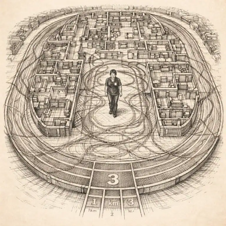 Zwart-witte pentekening van een zorgafdeling in bovenaanzicht, vormgegeven als een hardloopbaan, met een zorgmedewerker in het midden en wirwar van looproutes door het gebouw