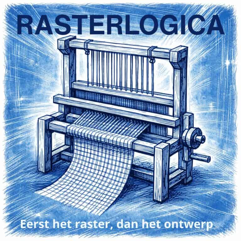 Blauwe lijntekening van een traditionele weefgetouwmachine waar een rasterachtig doek uit rolt