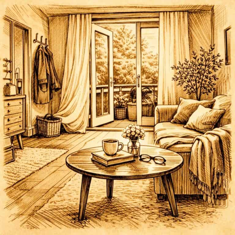 Lichte, warme woonkamer met openslaande deuren naar groen balkon, houten tafel met koffie en bloemen, als beeld bij blog over hoe gewone woningen ruimte laten voor zorg.