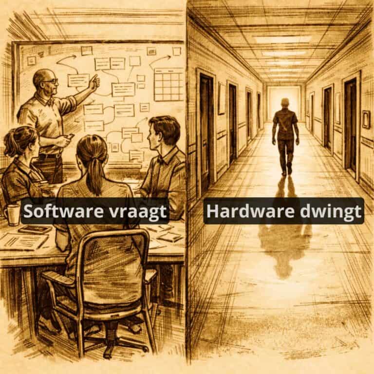 Zorgteam rond overlegtafel tegenover verpleegkundige in lange gang met tekst ‘Software vraagt, hardware dwingt’.