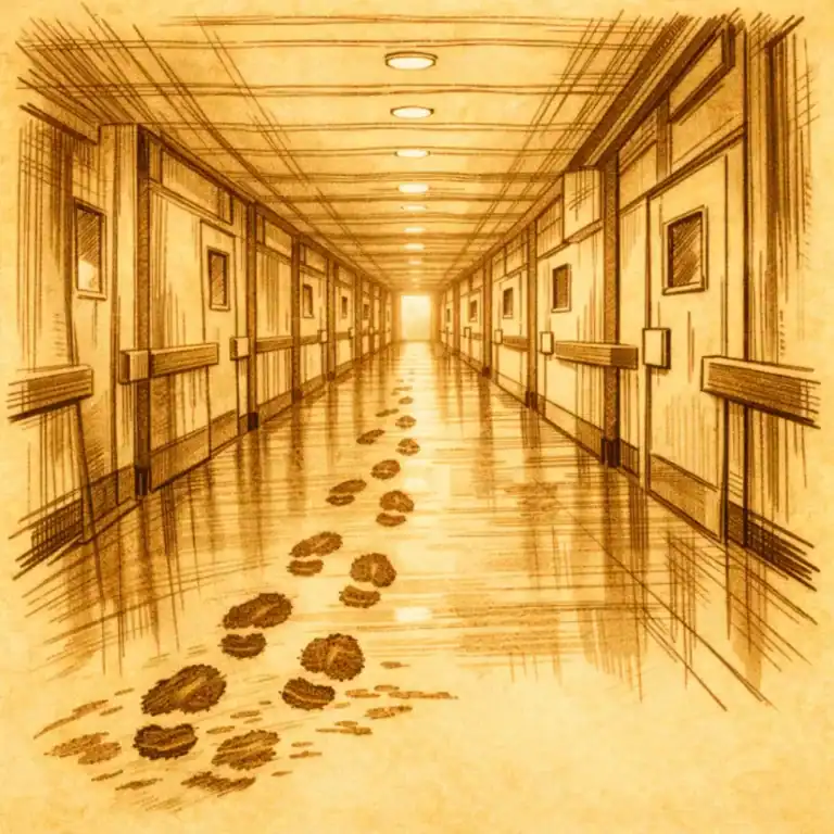 Voetstappen in een lange zorggang die naar het licht aan het einde van de gang leiden, als metafoor voor de vele meters die zorgmedewerkers elke dag lopen